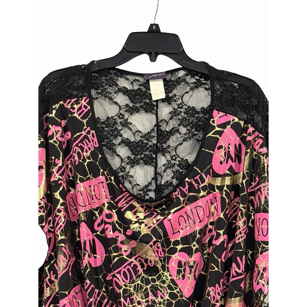 Caren Sport Black Pink Gold Bubble Hem Top Women’s 2X City Graphics Lace Y2K - Picture 12 of 16